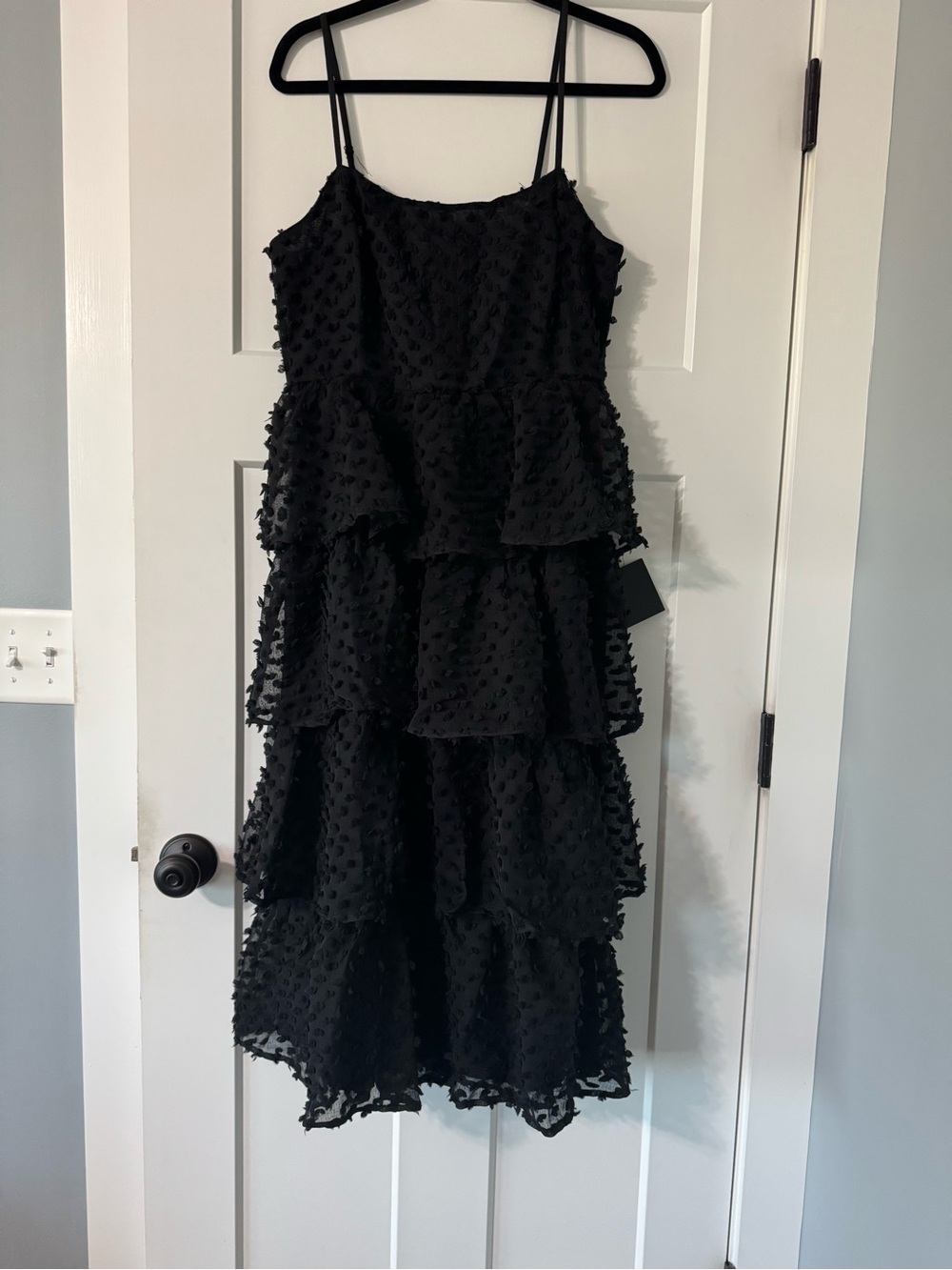 Lulus Flirting with You Black Tiered Pom Pom Midi Dress NWT
